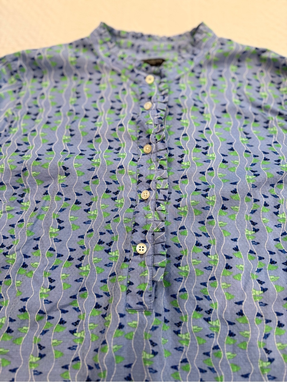 TALBOTS Womens Button Blouse Long Sleeve Blue Green Geometric Ruffle Size LP - Picture 2 of 6